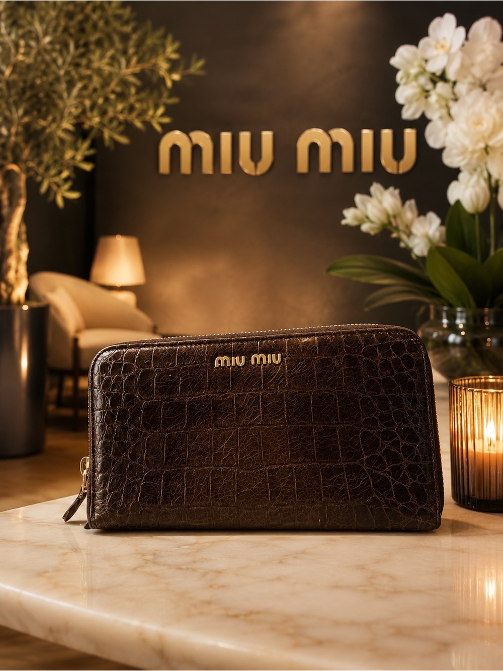 Authentic Miu Miu Brown Croc-Embossed Leather Zip Wallet with COA in EUC